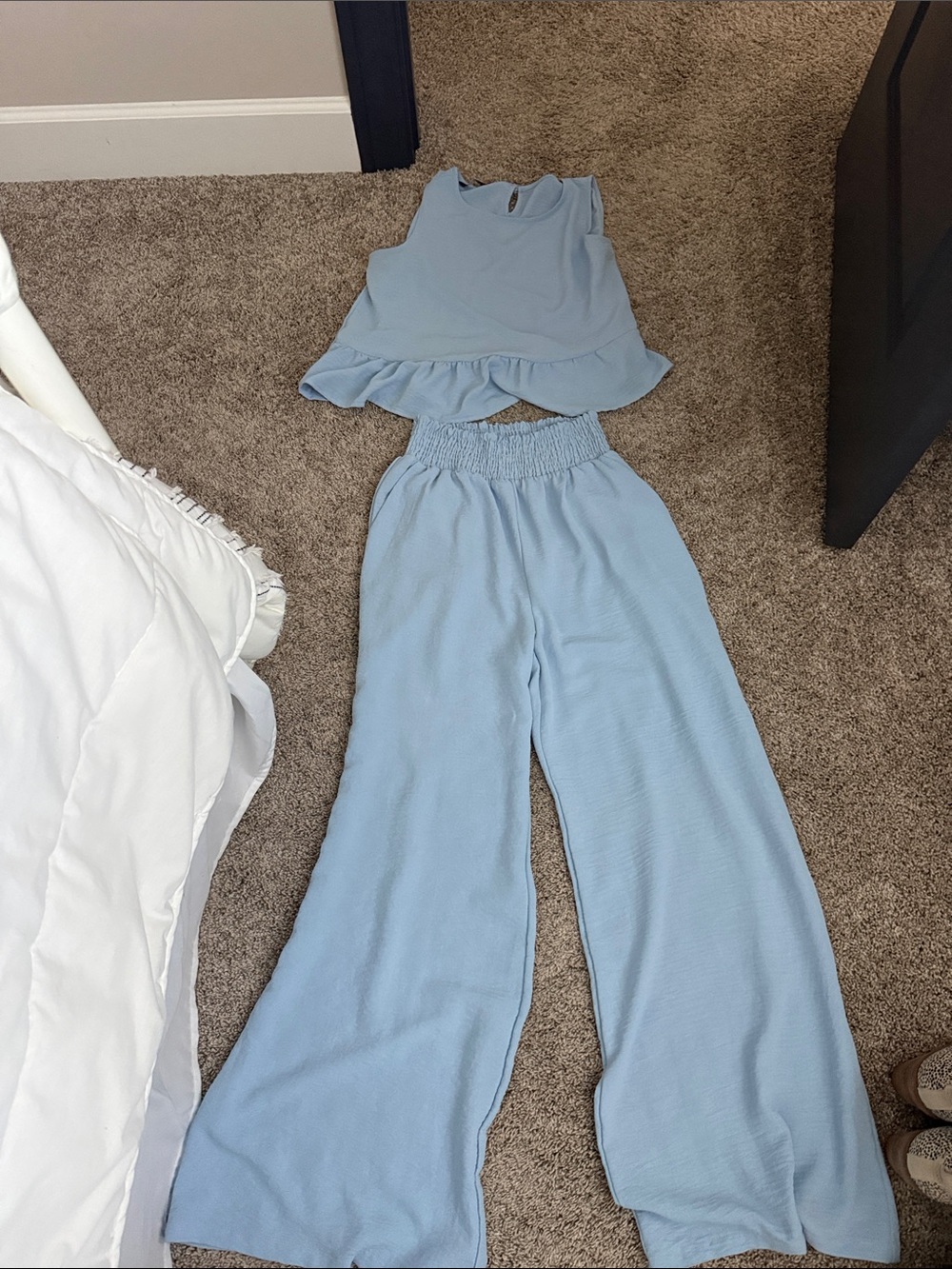 Light Blue Wide-Leg Pant Set with Ruffle Top